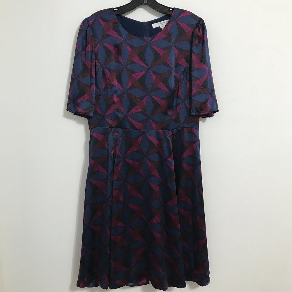 L.K. Bennett Janeva Dress in Navy Blue & Purple Geo Print, 100% Silk